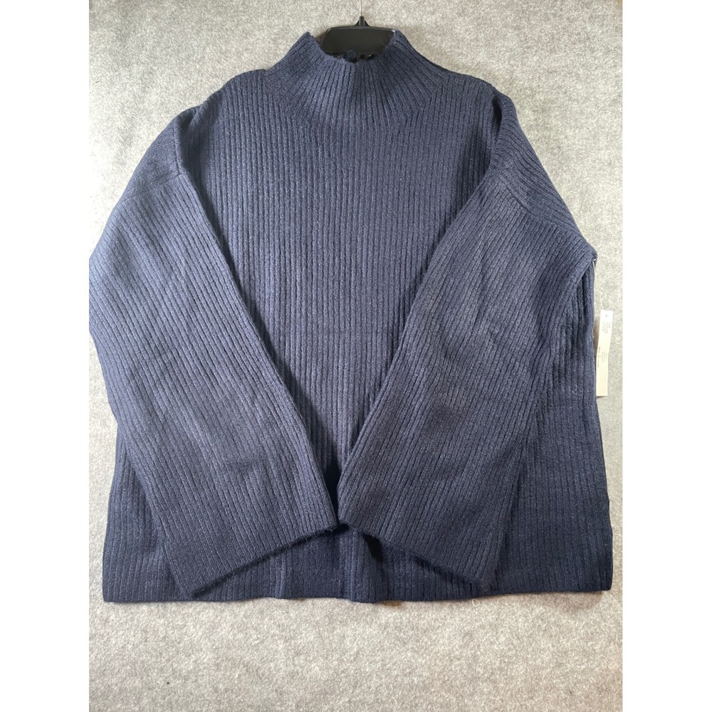 Theo & Spence Navy Blue Ribbed‎ Mock Neck Sweater Oversized Knit Pullover Women